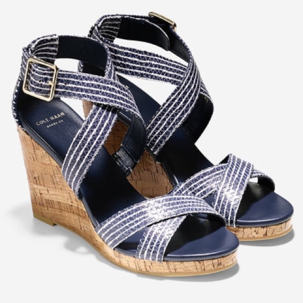 Cole Haan Navy and Natural Cork Wedge Sandals
